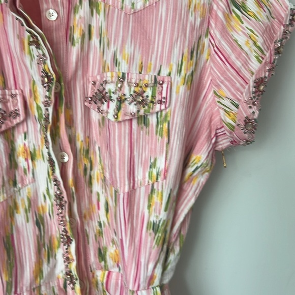 La Fuori- Anthropologie Pink Green Embroidered Romper- CiriOut Size Medium 🔲 - Picture 8 of 16